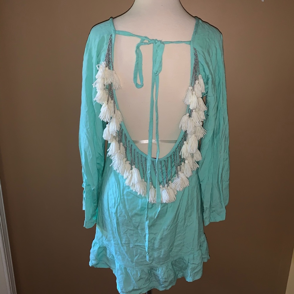 Sundress Teal Blue Green Flowy Beach Coverup with Tassels Size xs
